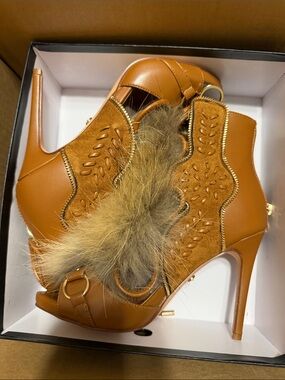 Tan Faux-Fur Accent High Heel Booties for Women